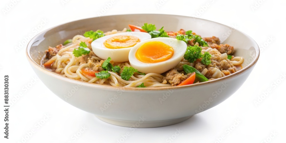 Steaming instant noodle soup consisting of minced pork, boiled egg, and vegetables in white serving bowl Steaming instant noodle soup consisting of minced pork, boiled egg, and vegetables in white serving bowl