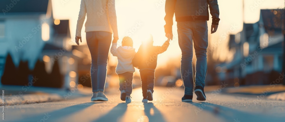 Family walking hand in hand along a sunlit neighborhood street, enjoying a peaceful evening stroll together at sunset.