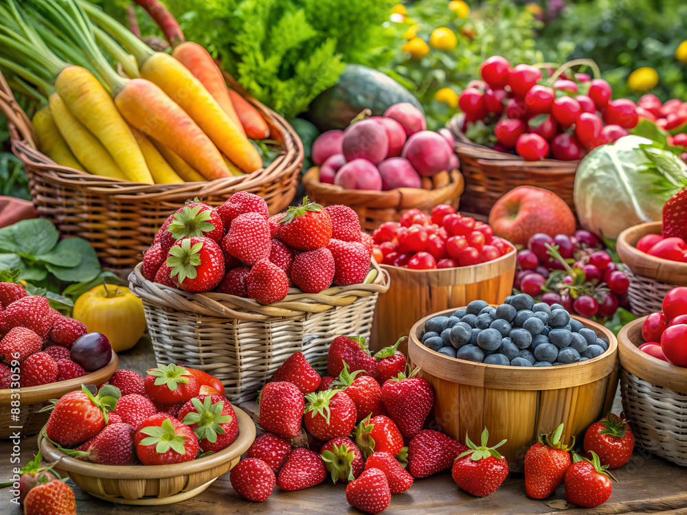 Close-up of baskets with various organic vegetables, fruits and berries. Healthy eating concept. Close-up of baskets with various organic vegetables, fruits and berries. Healthy eating concept.