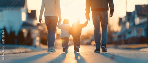 Obraz na płótnie Family walking hand in hand along a sunlit neighborhood street, enjoying a peaceful evening stroll together at sunset. w salonie