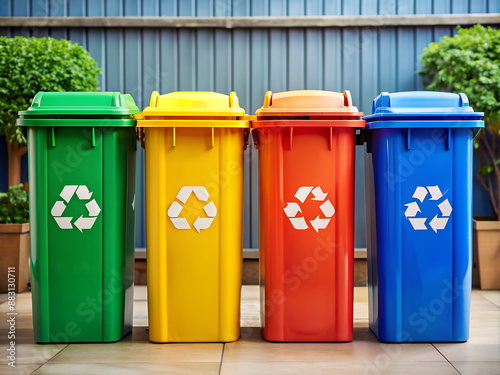 Set of waste sorting garbage cans in different colors