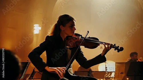 Serene violinist performing in classical concert