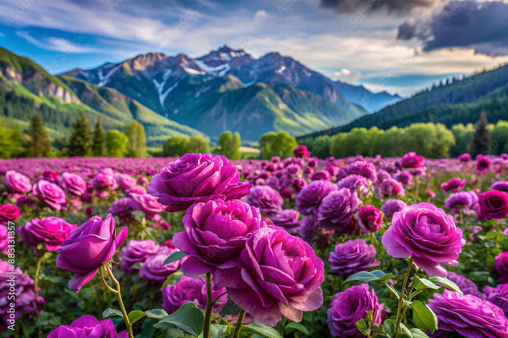 Obraz premium field of lush amethyst roses with mountains in the background generative ai