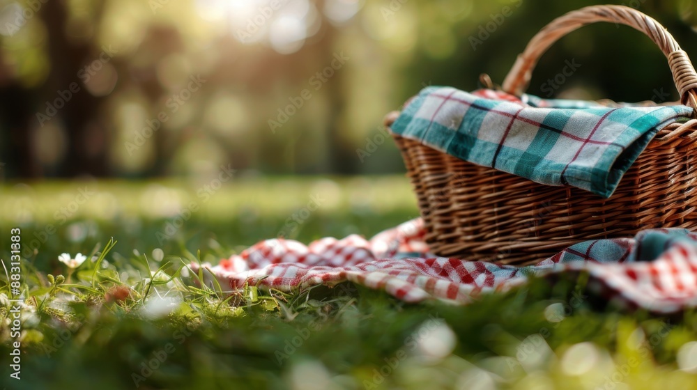 A classic picnic basket resting on a checkered blanket spread across green grass outdoors, capturing the essence of leisure, simplicity, and enjoying nature with loved ones. A classic picnic basket resting on a checkered blanket spread across green grass outdoors, capturing the essence of leisure, simplicity, and enjoying nature with loved ones.