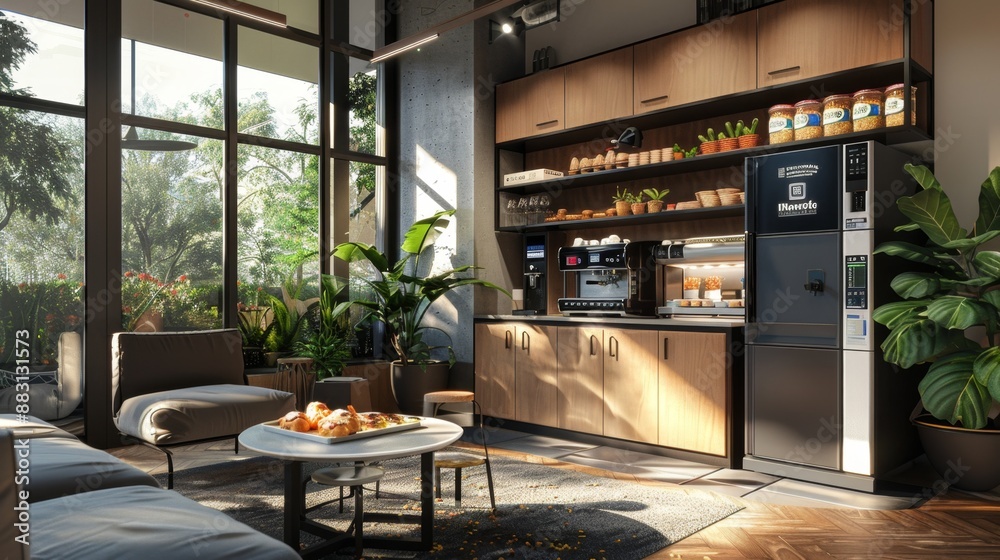 Modern Office Kitchenette with Coffee Machine and Snacks. Modern Office Kitchenette with Coffee Machine and Snacks.