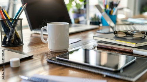 Modern Office Desk with Laptop, Coffee Mug, and Tablet.