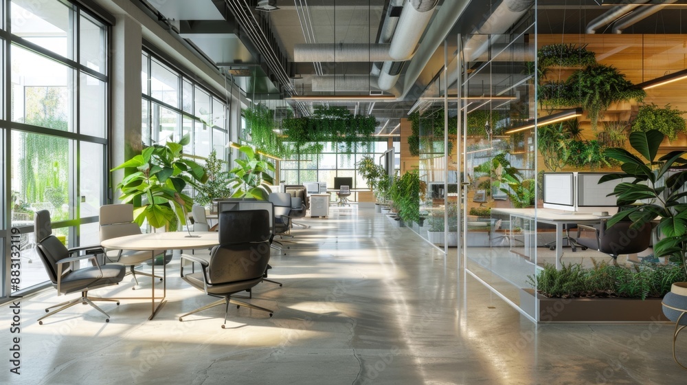 Modern office interior design with plants and glass walls. Modern office interior design with plants and glass walls.