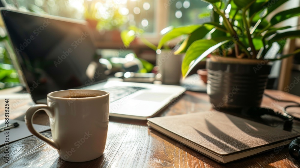 Morning Coffee Break with Laptop and Notebook. Morning Coffee Break with Laptop and Notebook.