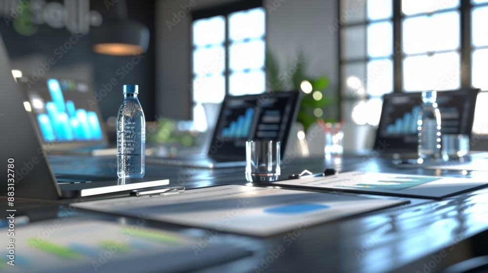 Water Bottle on a Desk with Charts and a Laptop. Water Bottle on a Desk with Charts and a Laptop.