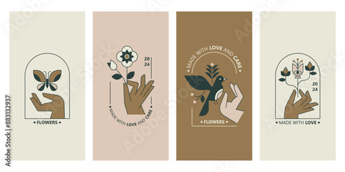 Abstract design logo template with flower, butterfly, bird and hand. Modern minimal linear badge and emblem set for natural treatment, cosmetic products and fashion.