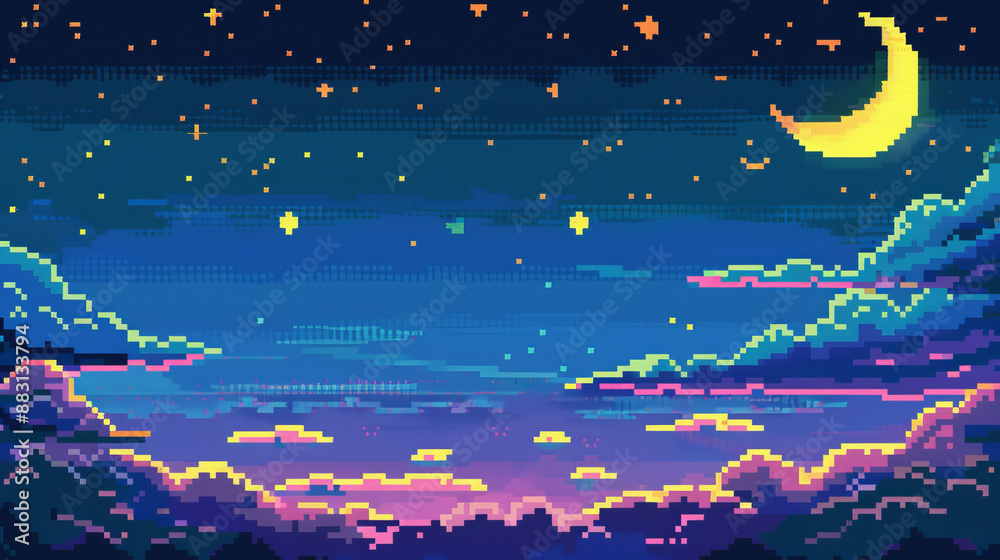 8-bit game background with a night sky, clouds, and stars made with small squares.