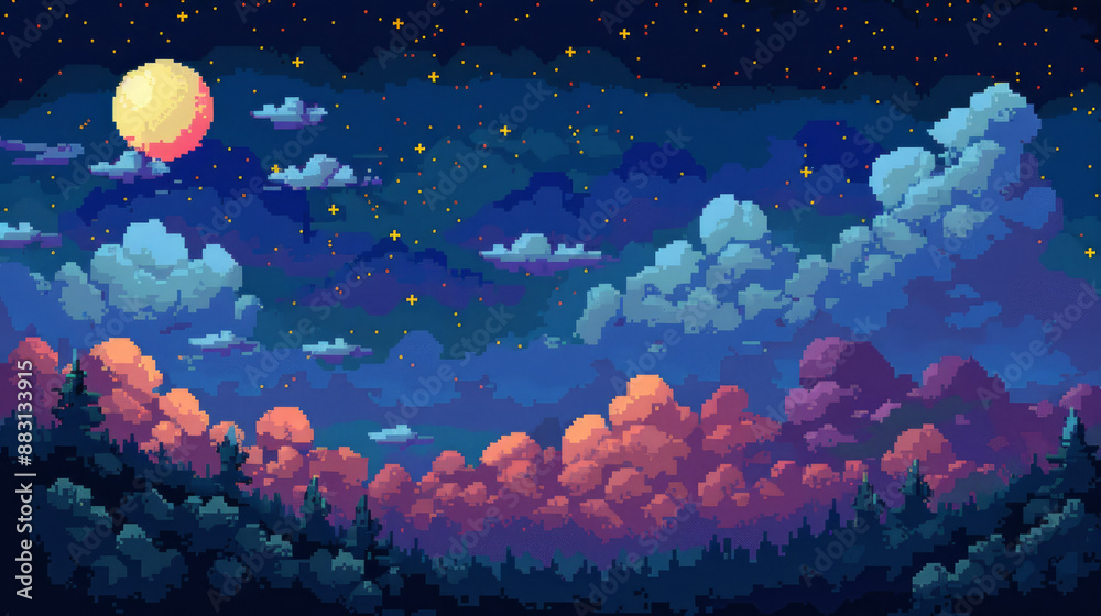 custom made wallpaper toronto digital8-bit game background with a night sky, clouds, and stars made with small squares.