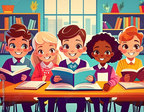 Diverse Kids and Teacher in 1960s Retro Classroom, Boys and Girls Studying and Learning