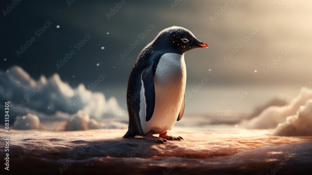 Naklejka premium Adelie penguin standing on ice floe in Antarctica with soft sunlight and snow