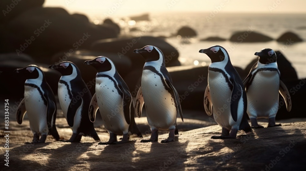 Fototapeta premium Penguins on Rocky Beach at Sunset