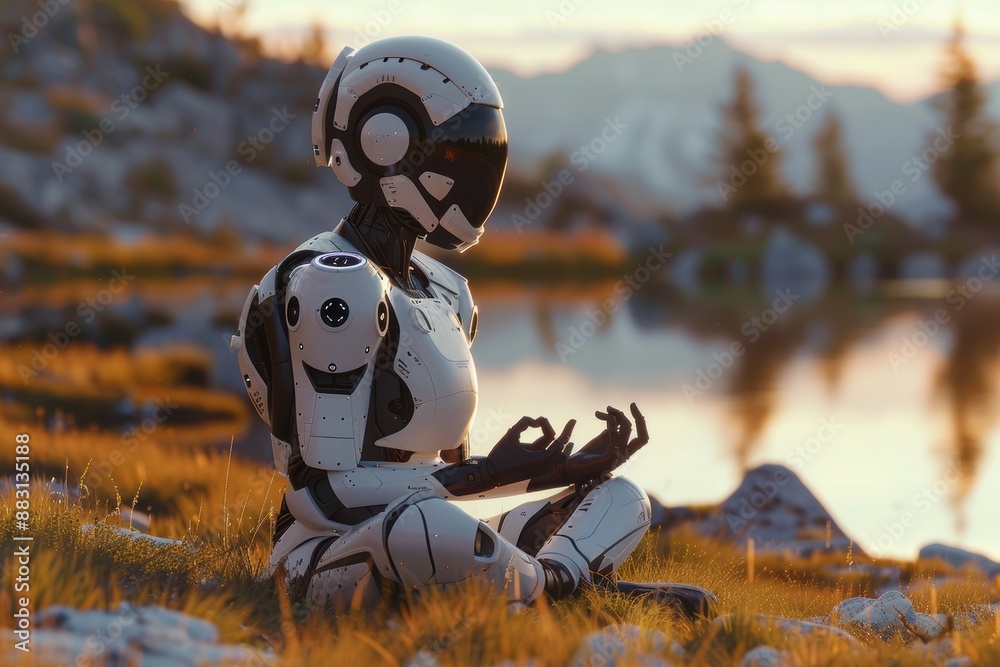 Fototapeta premium Robot and Human Meditating at Sunset