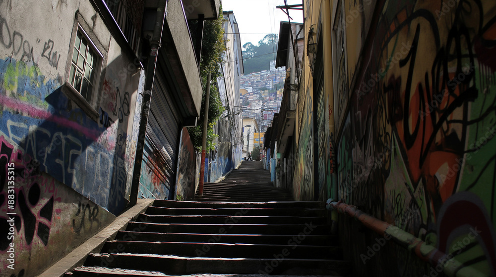 Fototapeta premium Steep, graffiti-covered stairway in a Rio de Janeiro favela, showcasing vibrant street art and urban culture.