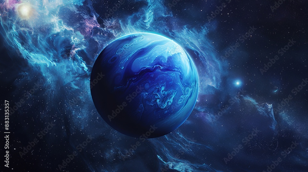 A striking blue planet floats amidst nebulous blue energy clouds in the cosmic space, creating a mesmerizing and otherworldly celestial scene. A striking blue planet floats amidst nebulous blue energy clouds in the cosmic space, creating a mesmerizing and otherworldly celestial scene.