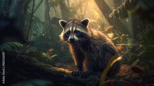 Curious raccoon sits on a log in the middle of a lush rainforest photo