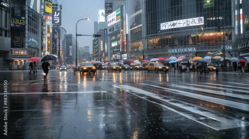 Obraz premium Rainy Day Stroll Through Tokyo's Bustling Streets