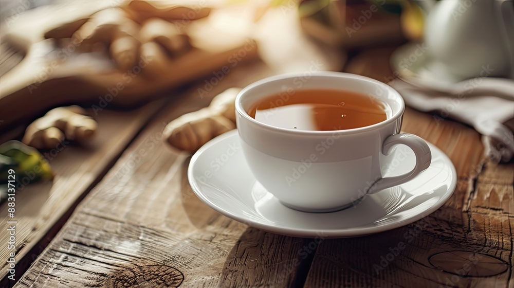 Ginger tea in a white cup on wooden background Ginger tea in a white cup on wooden background