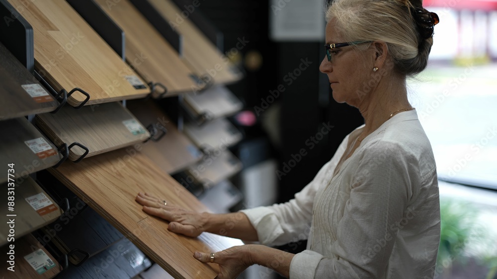 Happy mature woman running hand across solid or engineered wood plank samples in a floor or hardware store for a home remodeling renovation redecorating project.