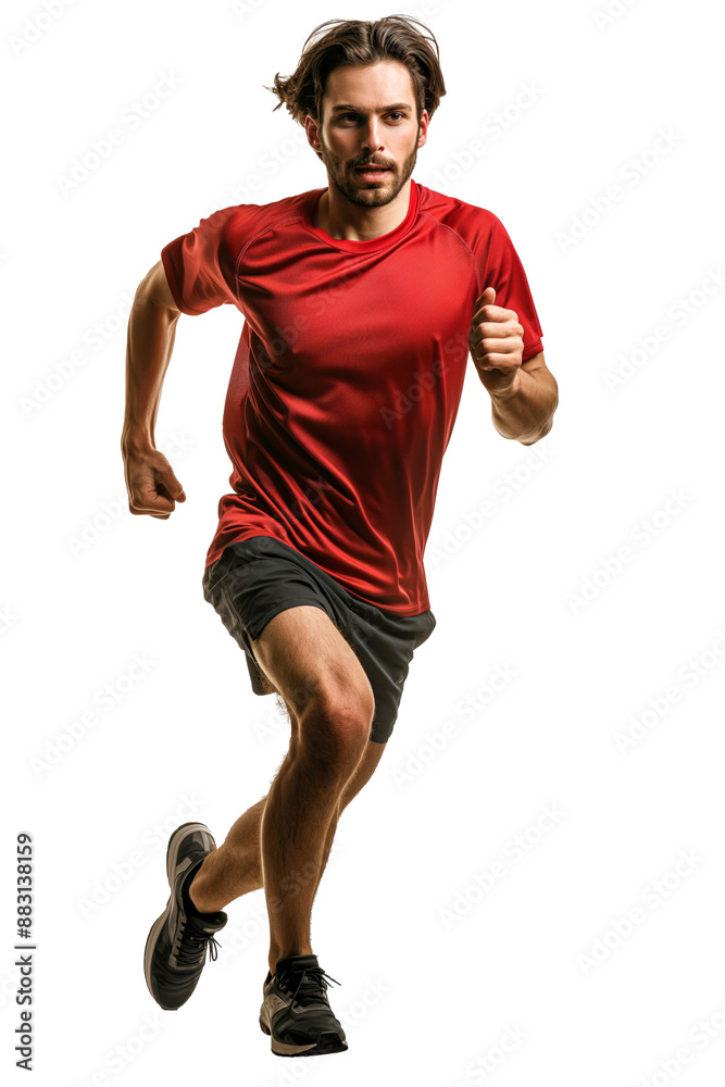 Man in Red Shirt Running Forward on White Background Man in Red Shirt Running Forward on White Background