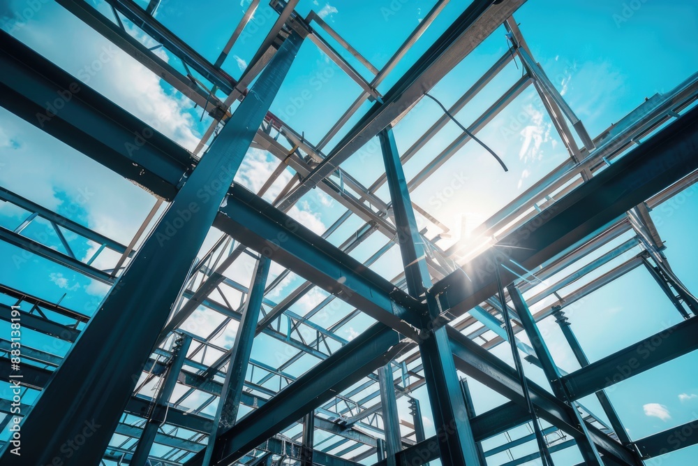 A steel frame structure of an industrial building under construction. A steel frame structure of an industrial building under construction.