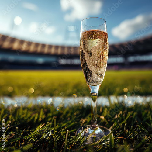 One  glass of champagne at a soccer stadium