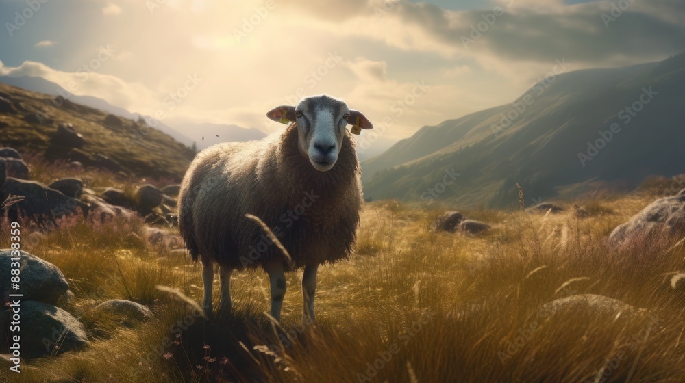 Naklejka premium Sheep standing in a lush green field looking at the camera with a mountain backdrop