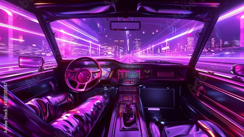 Perspective from inside a futuristic car driving through a neon-lit cityscape at high speed, showcasing modern technology and a vibrant cyberpunk urban aesthetic.