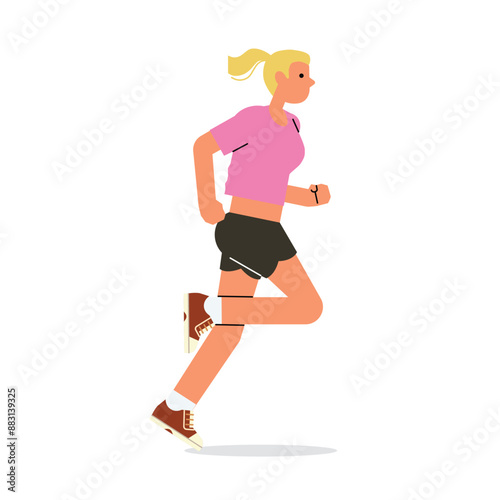 Woman running. Active girl jogging. Runner, cardio exercise, workout. Young female jogger training in sport shorts and sneakers. Flat vector illustration isolated on white background.