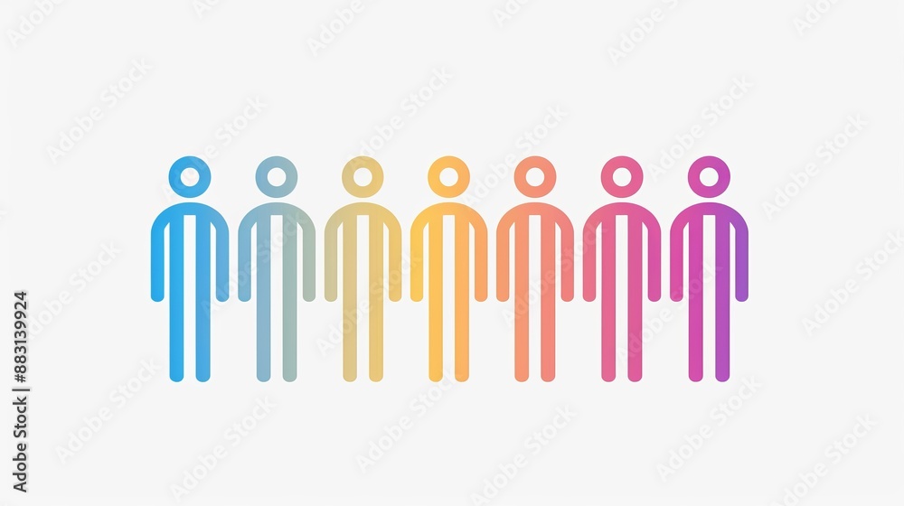 A minimalist linear depiction of seven people in varying gradient colors, conveying inclusivity, team spirit, and modern simplicity in its design approach. A minimalist linear depiction of seven people in varying gradient colors, conveying inclusivity, team spirit, and modern simplicity in its design approach.