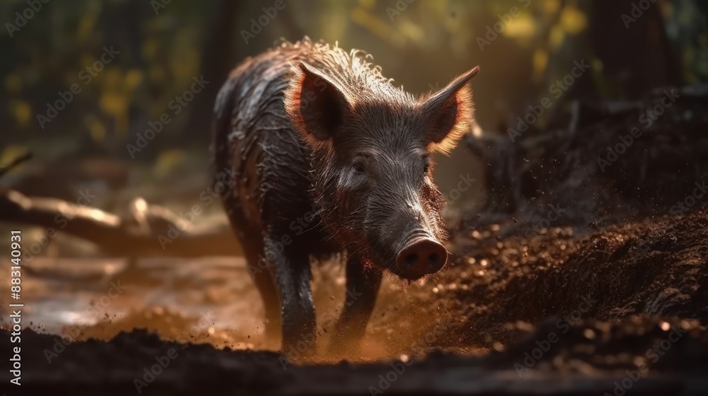 Wild boar charges through the forest in search of food Wild boar charges through the forest in search of food