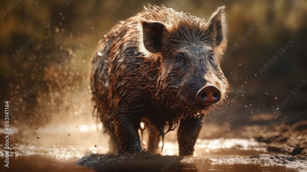 custom made wallpaper toronto digitalWild boar charges through the forest water droplets flying