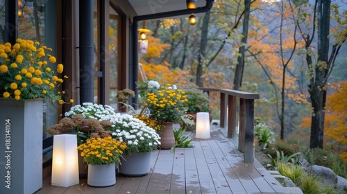 Autumnal Deck With Blooming Flowers and Lanterns