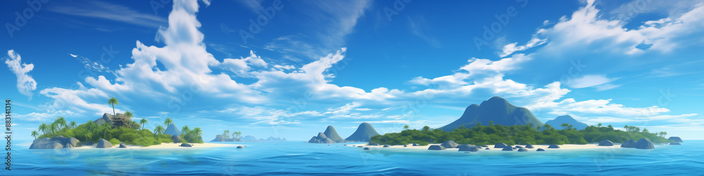 Fototapeta premium Wide panoramic photo of the ocean and the green island