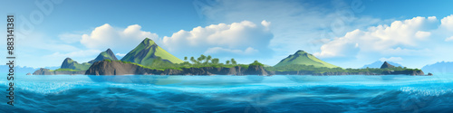 Wide panoramic photo of the ocean and the green island