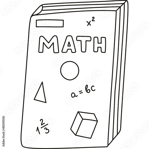 Doodle closed school textbook on math, algebra, geometry. Cute kids academic book, literature, encyclopedia. Back to school supply for study, reading, learning. Hand drawn illustration with outline.