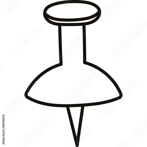 Cute doodle push pin with plastic red top and needle. Thumbtack, pointer, fixation button head for attaching paper to notice and cork board. Hand drawn office and school stationery outline clipart.