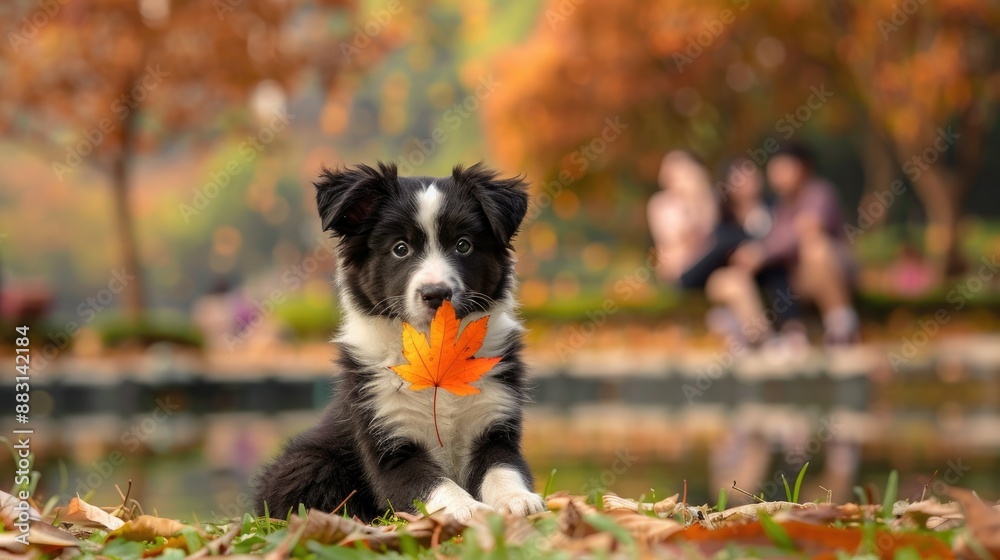 Autumnal Delight: A Border Collie Puppy Plays With a Leaf Autumnal Delight: A Border Collie Puppy Plays With a Leaf