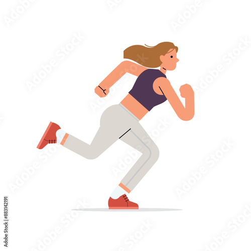 Woman running. Active girl jogging. Runner, cardio exercise, workout. Young female jogger training in sport shorts and sneakers. Flat vector illustration isolated on white background.