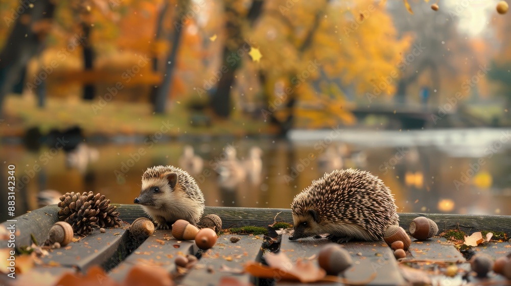 Obraz premium Two Hedgehogs Sharing a Fall Afternoon Meal