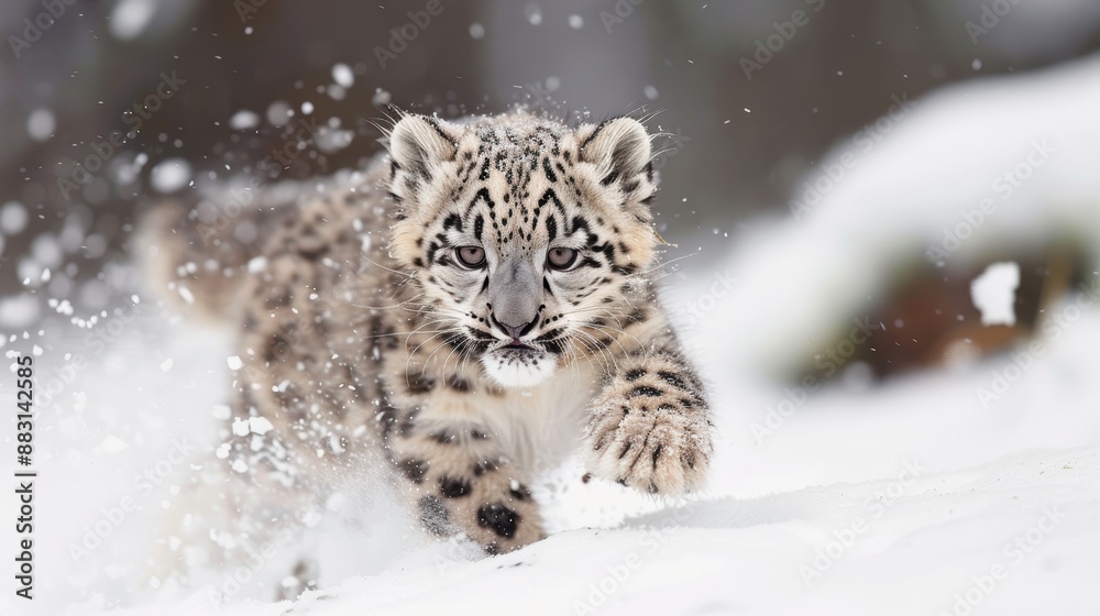 Playful Snow Leopard Cub Frolicking Amidst Snowy Landscape Playful Snow Leopard Cub Frolicking Amidst Snowy Landscape