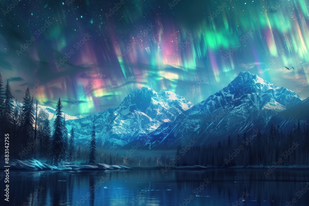 Fototapeta premium Fantasy landscape illustration of beautiful northern lights with colorful colors in the sky over snowy mountains and forest lake.