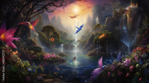 In this surreal setting, animals and plants coexist harmoniously, each contributing to the intricate tapestry of the ecosystem. Birds with wings of iridescent hues soar through the sky