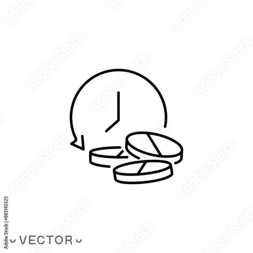 period of action of the medicine icon, clock and pills, time to take a pill, thin line symbol isolated on white background, editable stroke eps 10 vector illustration
