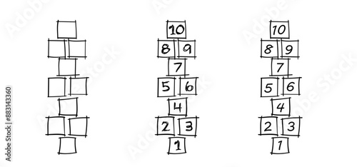 Cartoon hopscotch game on a floor, street or asphalt. Chalk drawing. School yard games. For kids playing hopscotch on playground. Hopscotch kid activity with numbers. Outdoor games for children sport.