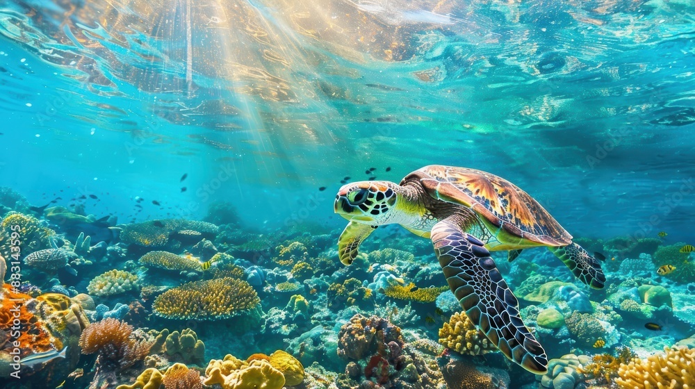 Fototapeta premium Majestic Hawksbill Turtle Swimming in Colorful Coral Reef Paradise