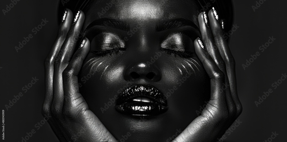 An African American woman with beautiful shiny black lips, her eyes closed and hands covering her face.